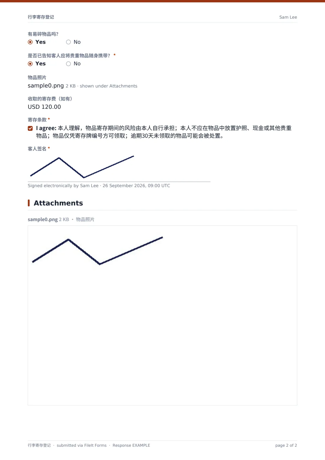 行李寄存登记 — 示例回复 PDF，第 2 页，共 2 页