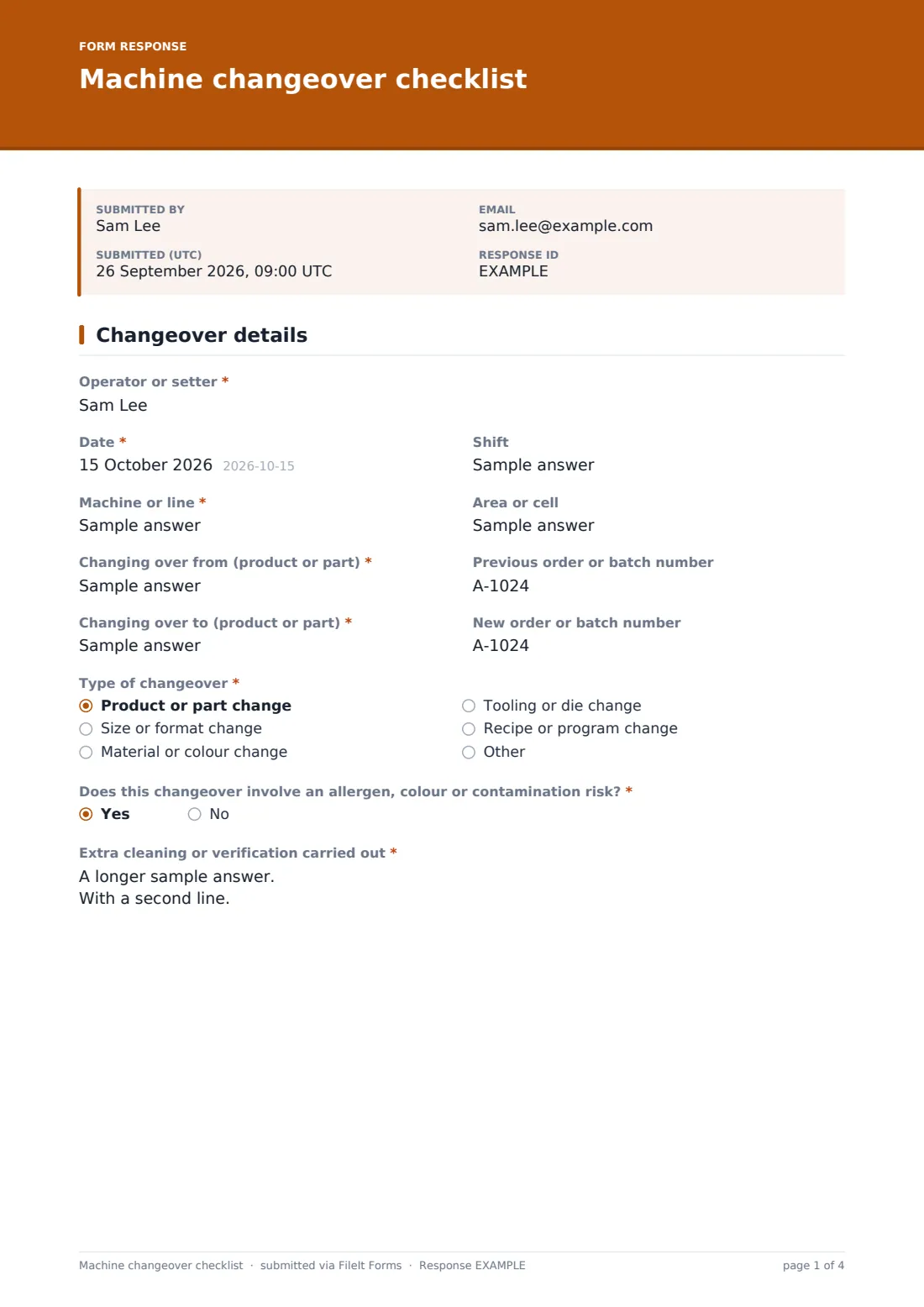 Machine changeover checklist — example response PDF, page 1 of 4