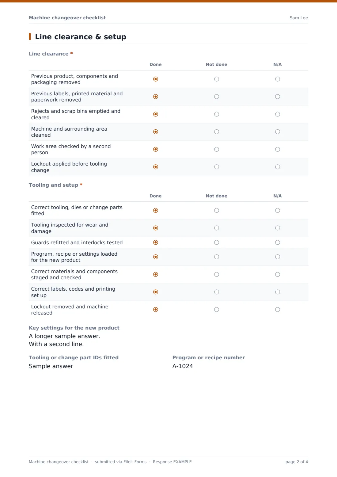 Machine changeover checklist — example response PDF, page 2 of 4