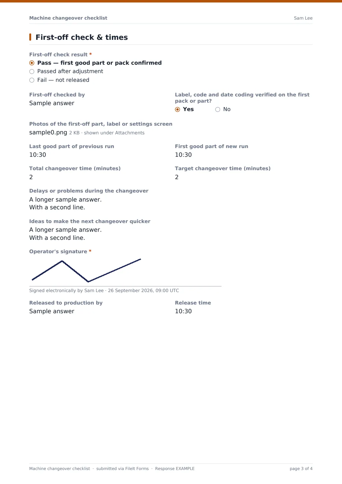Machine changeover checklist — example response PDF, page 3 of 4