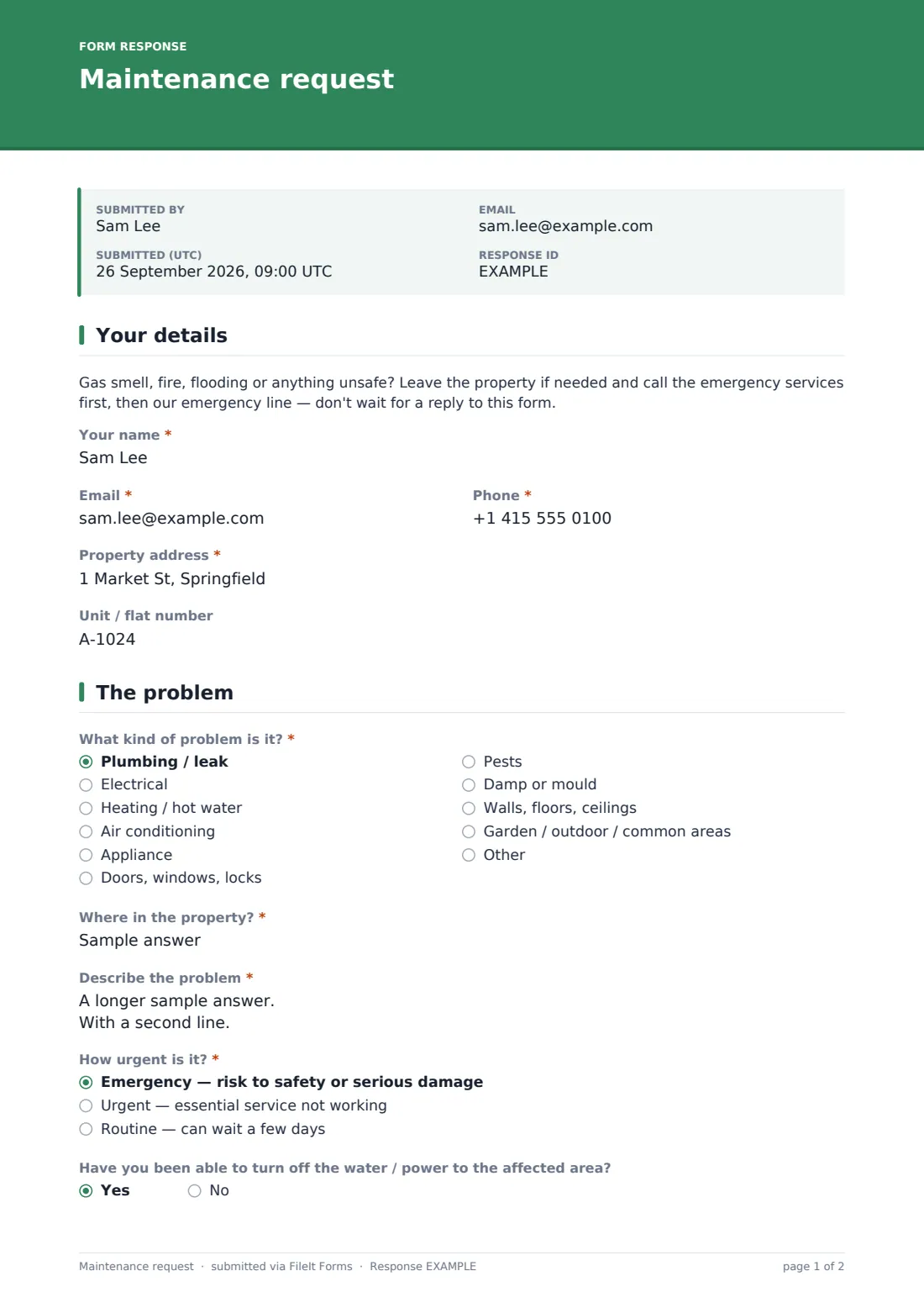 Maintenance request — example response PDF, page 1 of 2