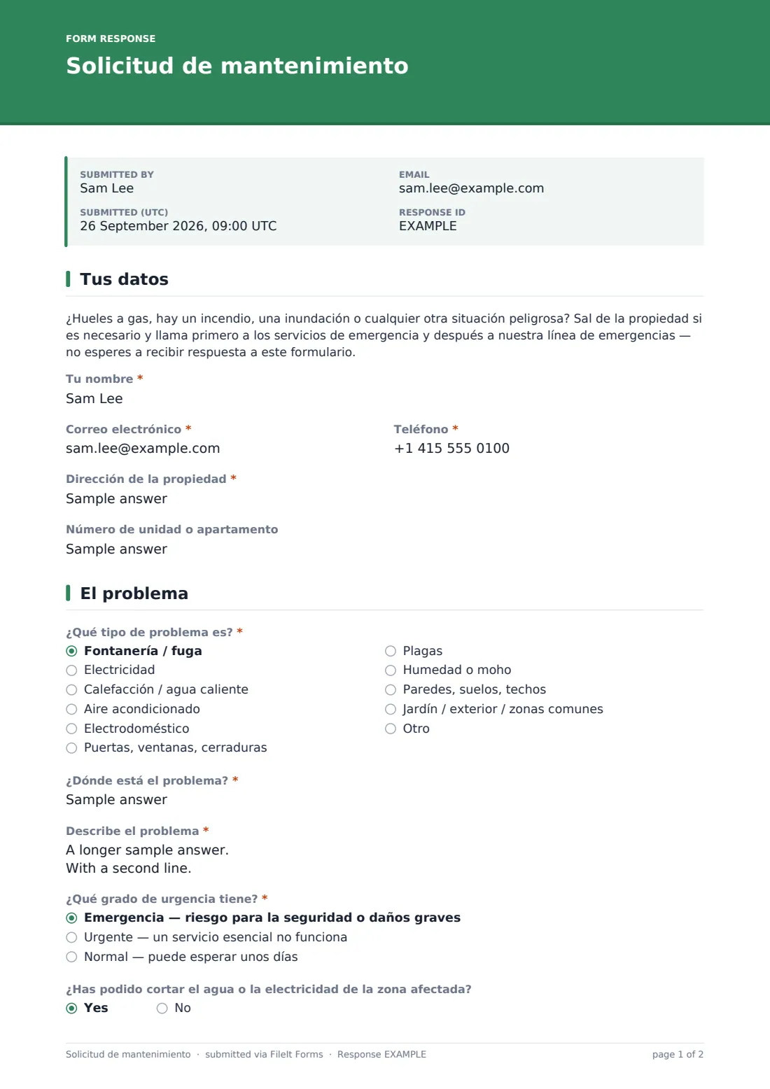 Solicitud de mantenimiento — PDF de respuesta de ejemplo, página 1 de 2