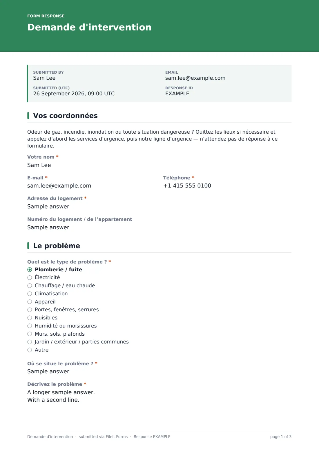 Demande d'intervention — exemple de réponse au format PDF, page 1 sur 3