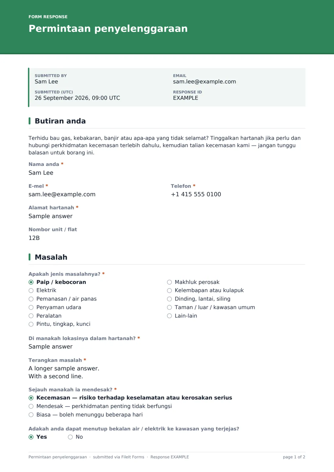 Permintaan penyelenggaraan — PDF respons contoh, halaman 1 daripada 2