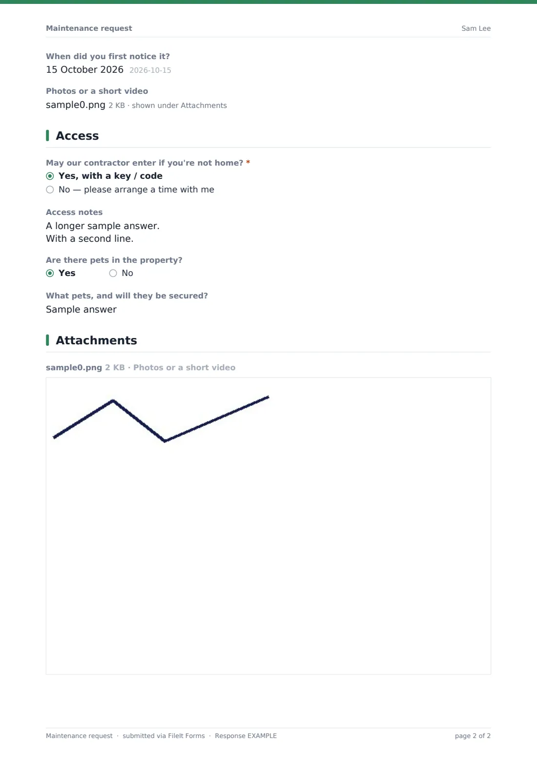 Maintenance request — example response PDF, page 2 of 2