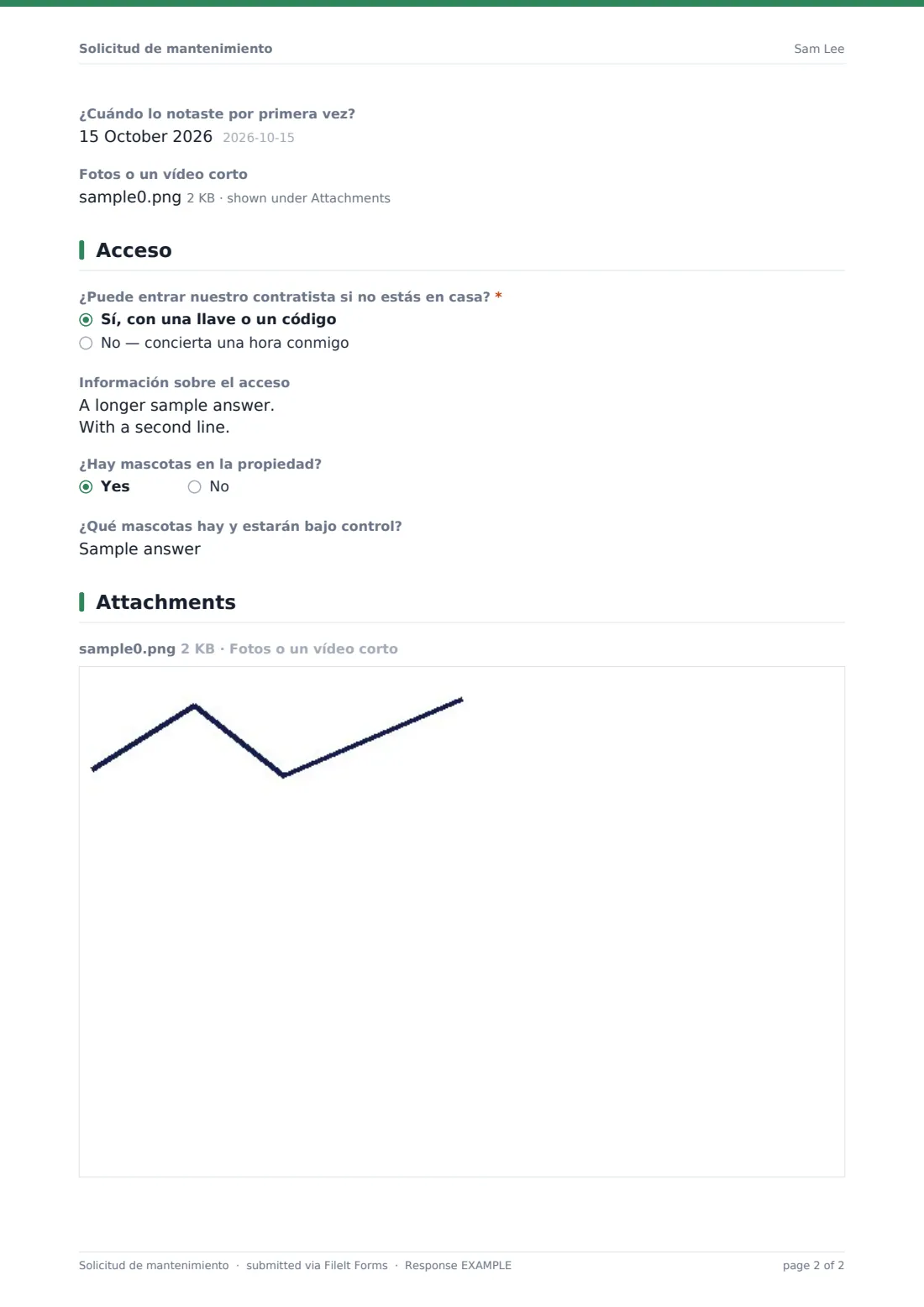 Solicitud de mantenimiento — PDF de respuesta de ejemplo, página 2 de 2
