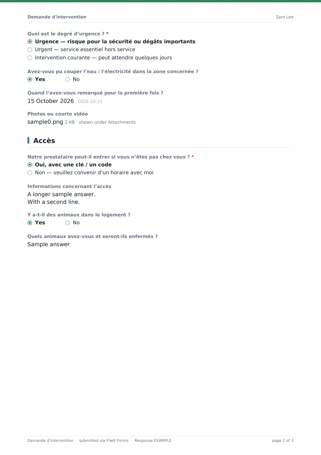 Demande d'intervention — exemple de réponse au format PDF, page 2 sur 3