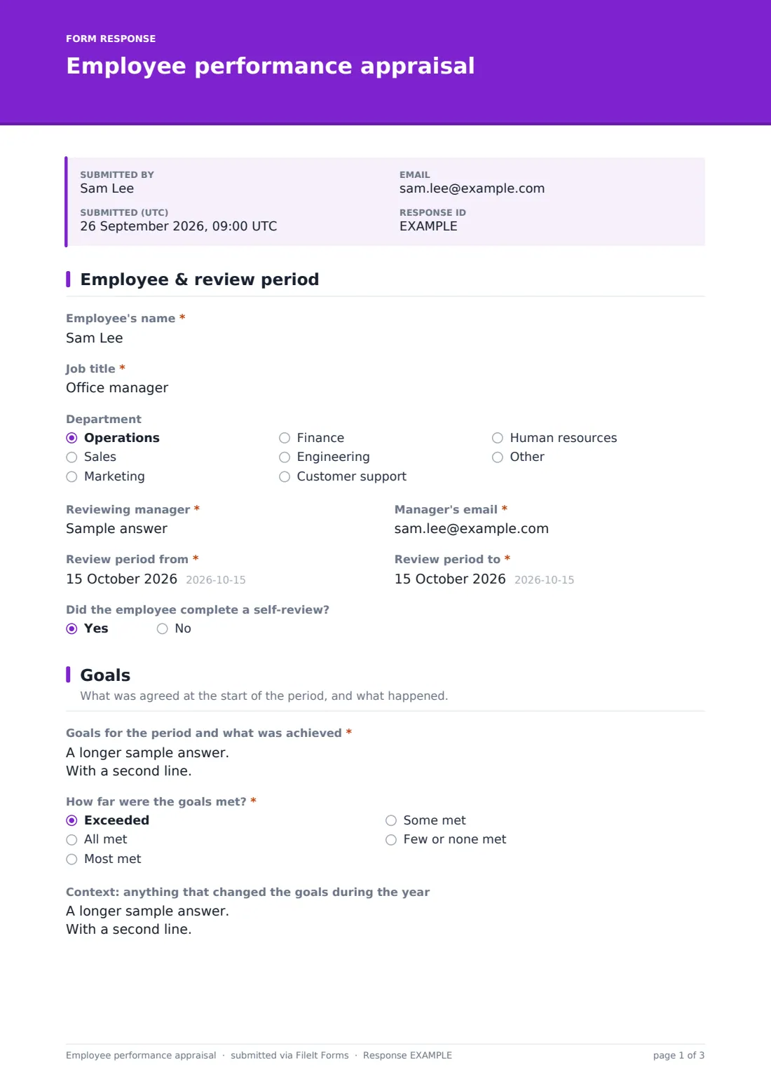 Employee performance appraisal — example response PDF, page 1 of 3
