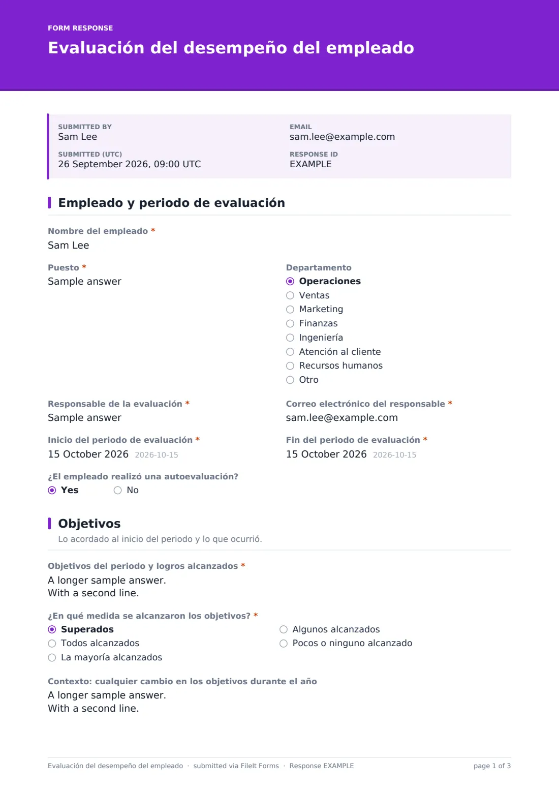 Evaluación del desempeño del empleado — PDF de respuesta de ejemplo, página 1 de 3