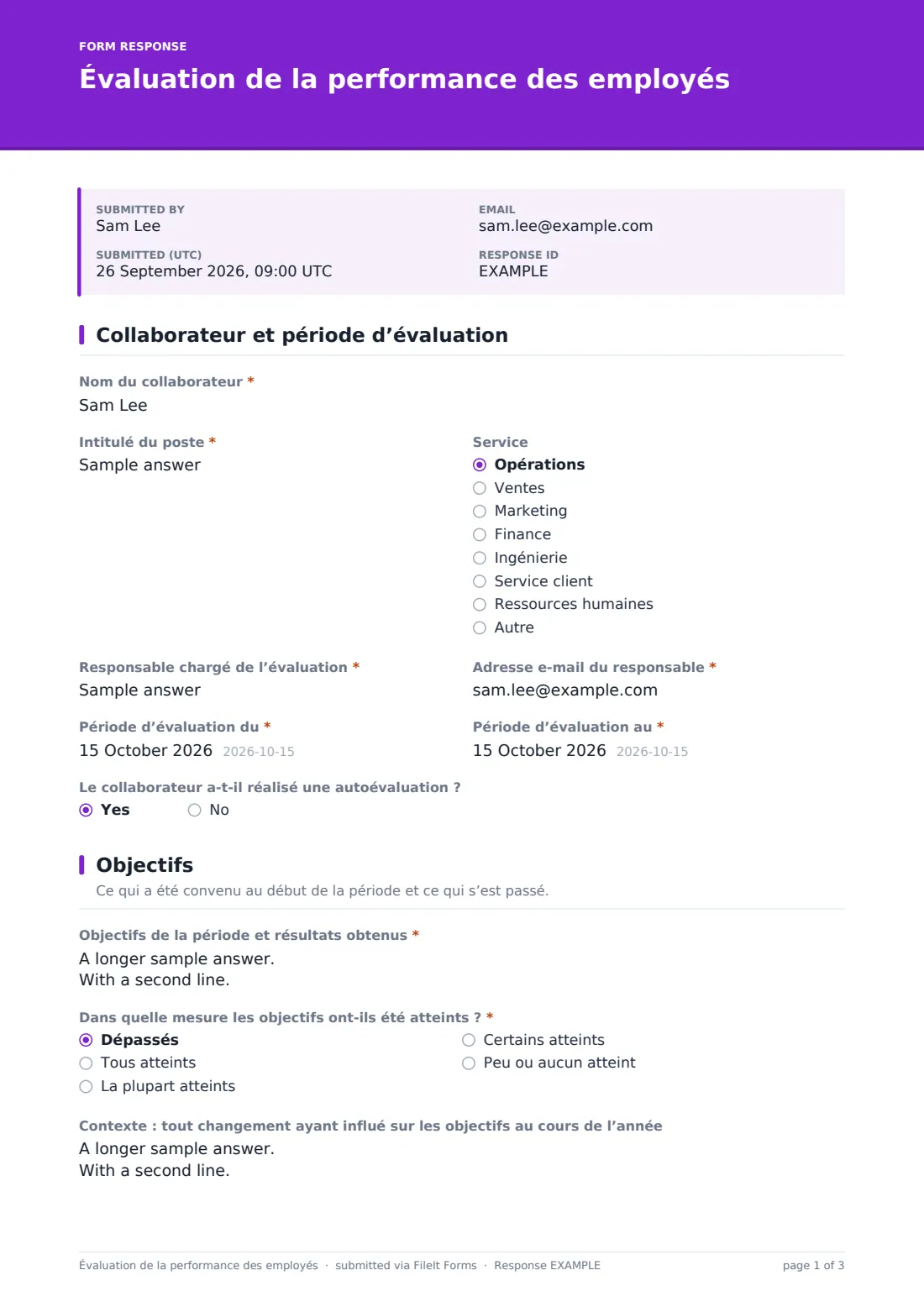 Évaluation de la performance des employés — exemple de réponse au format PDF, page 1 sur 3