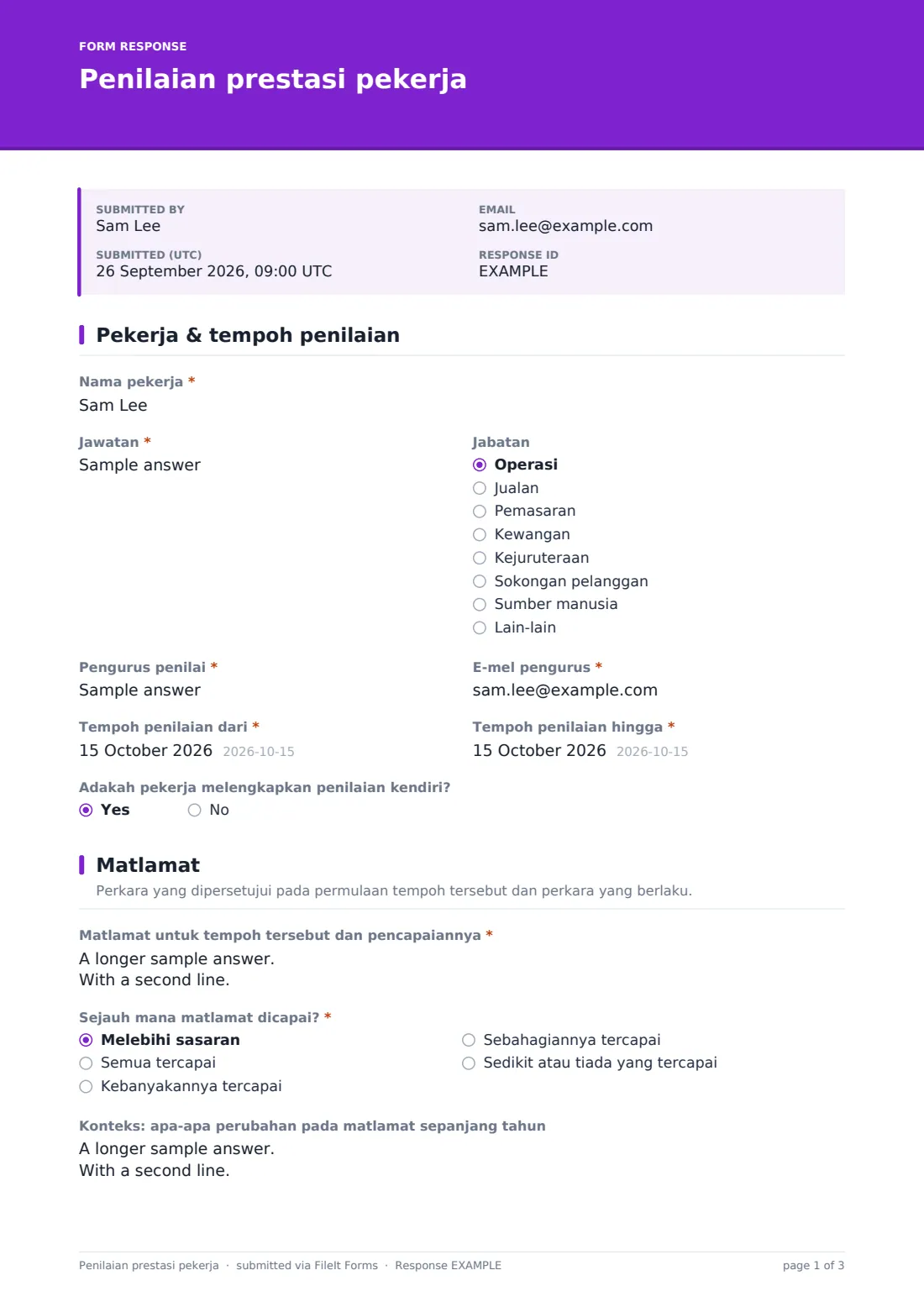 Penilaian prestasi pekerja — PDF respons contoh, halaman 1 daripada 3