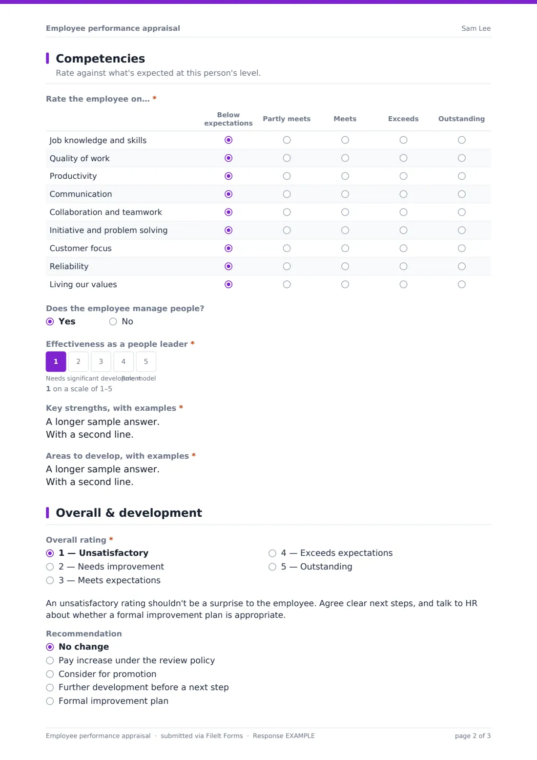 Employee performance appraisal — example response PDF, page 2 of 3