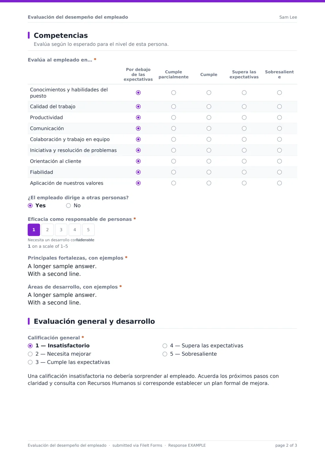 Evaluación del desempeño del empleado — PDF de respuesta de ejemplo, página 2 de 3