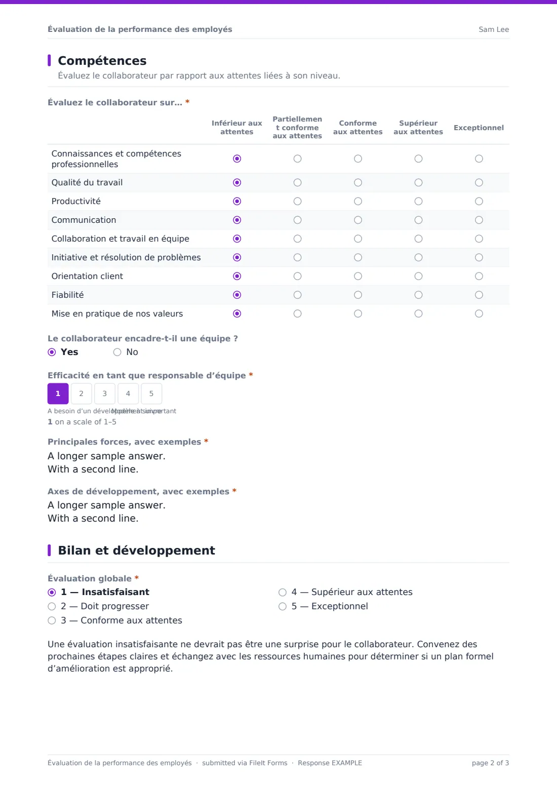 Évaluation de la performance des employés — exemple de réponse au format PDF, page 2 sur 3