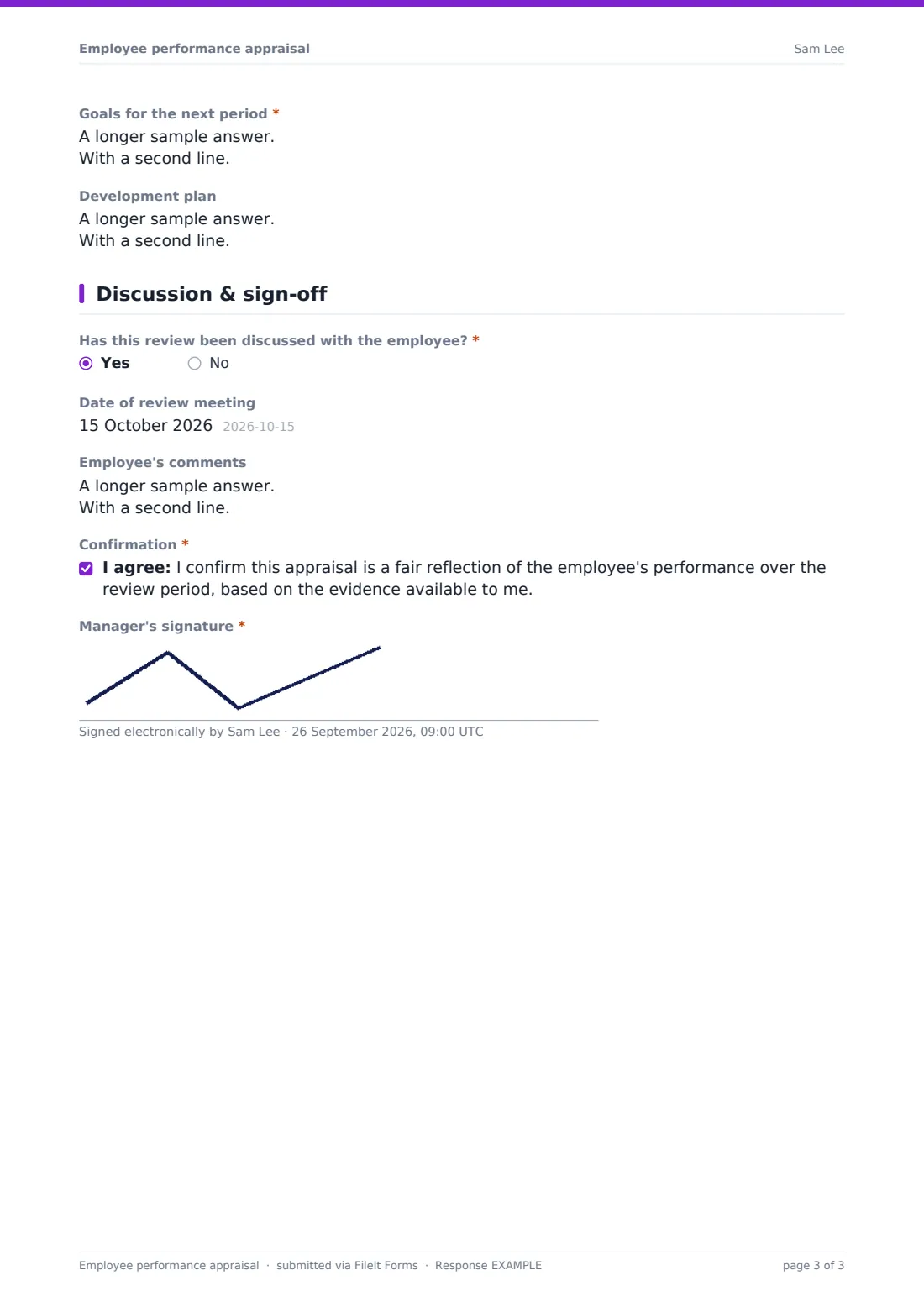Employee performance appraisal — example response PDF, page 3 of 3