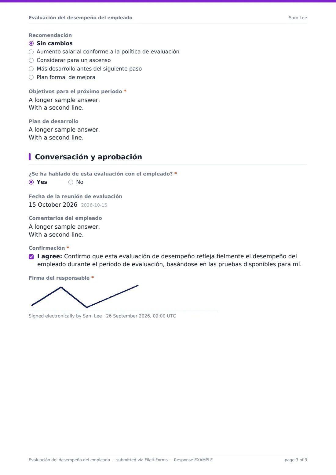Evaluación del desempeño del empleado — PDF de respuesta de ejemplo, página 3 de 3