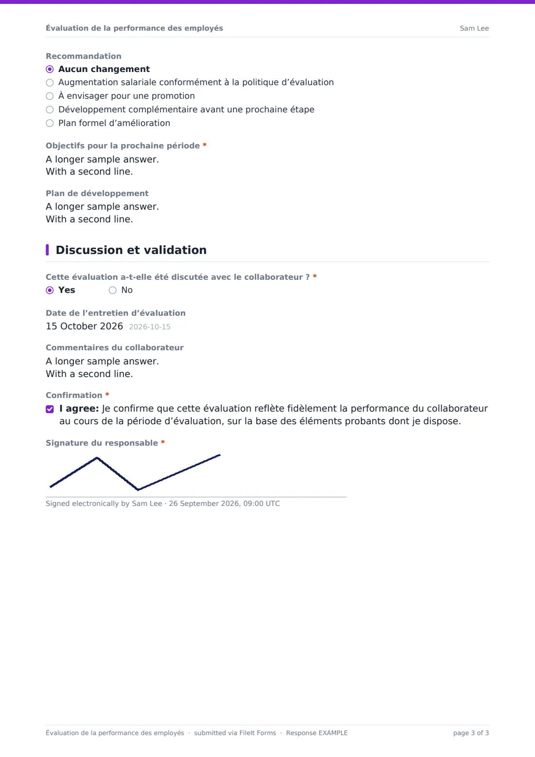 Évaluation de la performance des employés — exemple de réponse au format PDF, page 3 sur 3