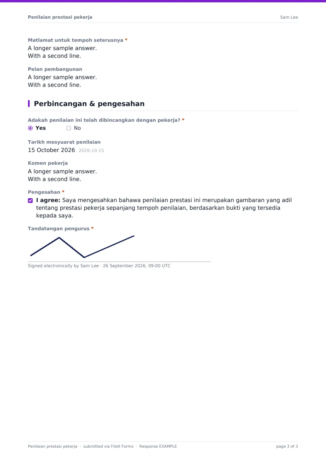 Penilaian prestasi pekerja — PDF respons contoh, halaman 3 daripada 3