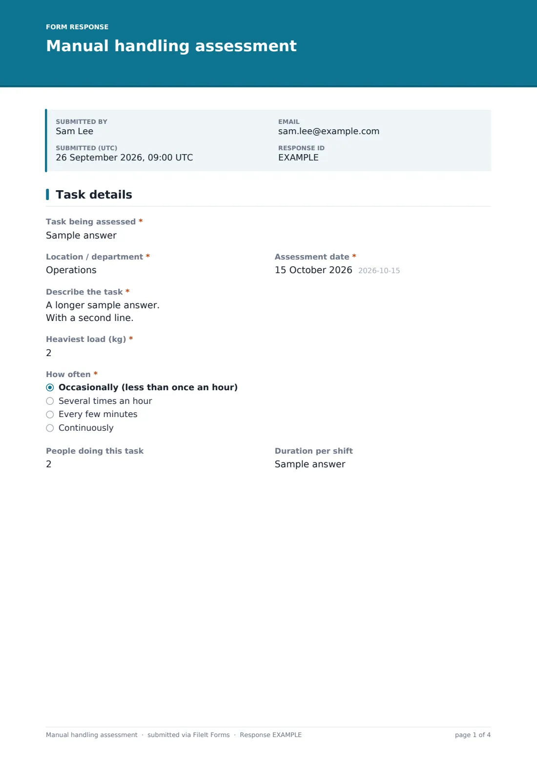 Manual handling assessment — example response PDF, page 1 of 4