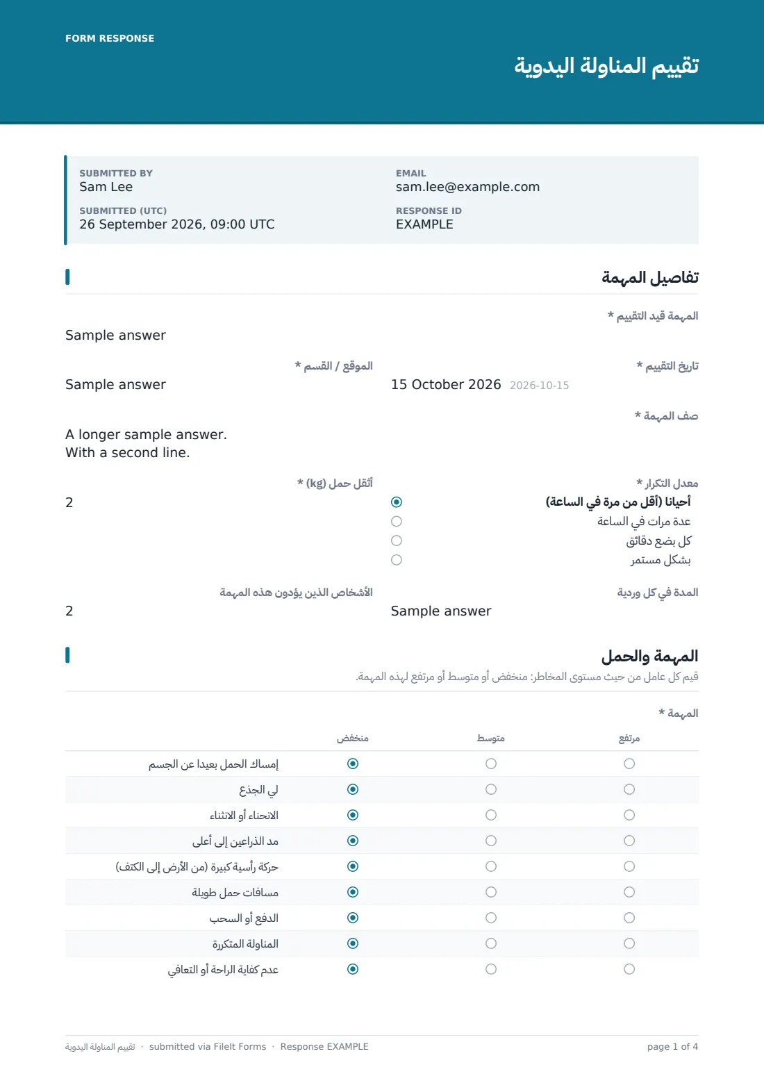 تقييم المناولة اليدوية — ملف PDF لرد نموذجي، الصفحة 1 من 4