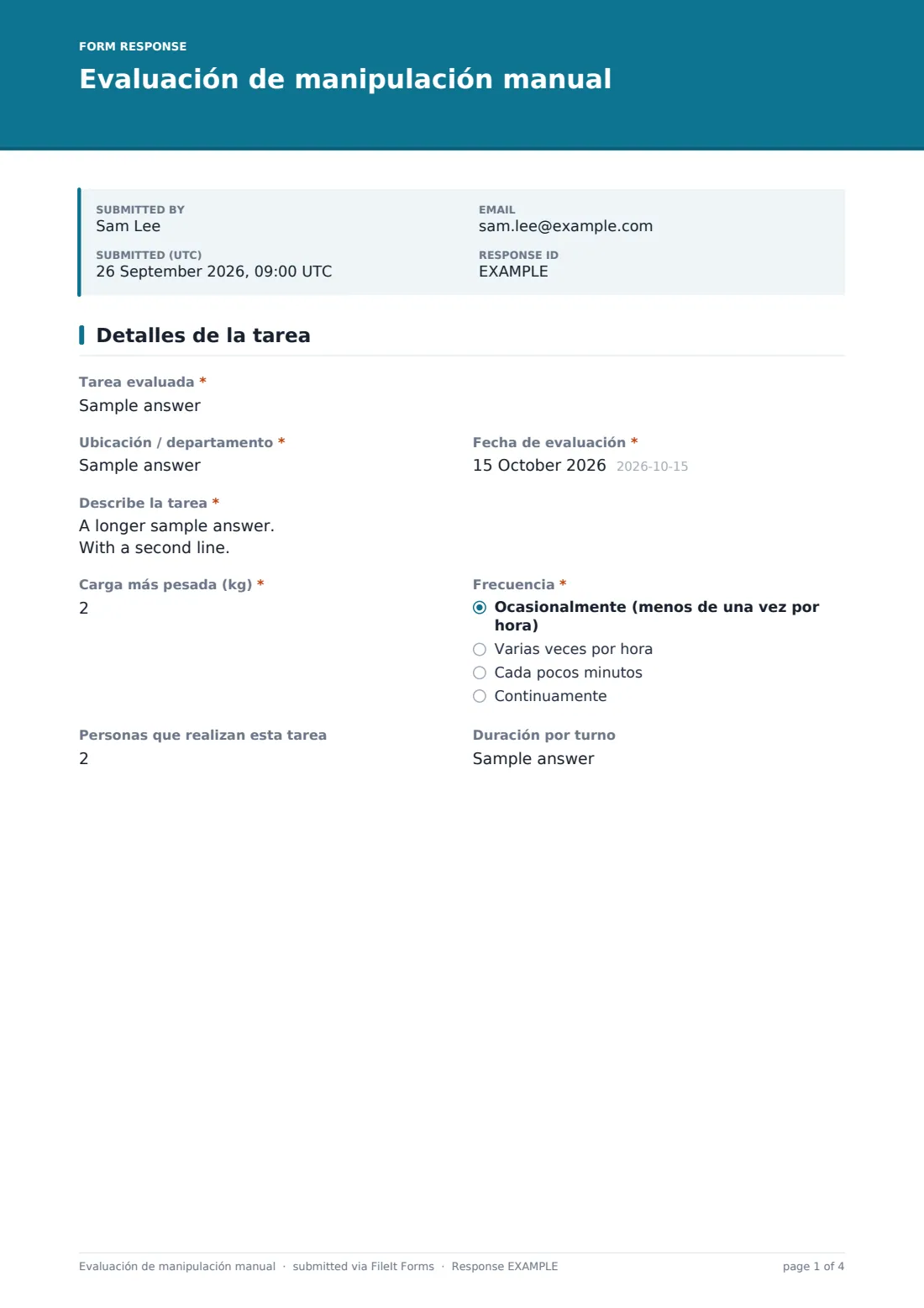 Evaluación de manipulación manual — PDF de respuesta de ejemplo, página 1 de 4