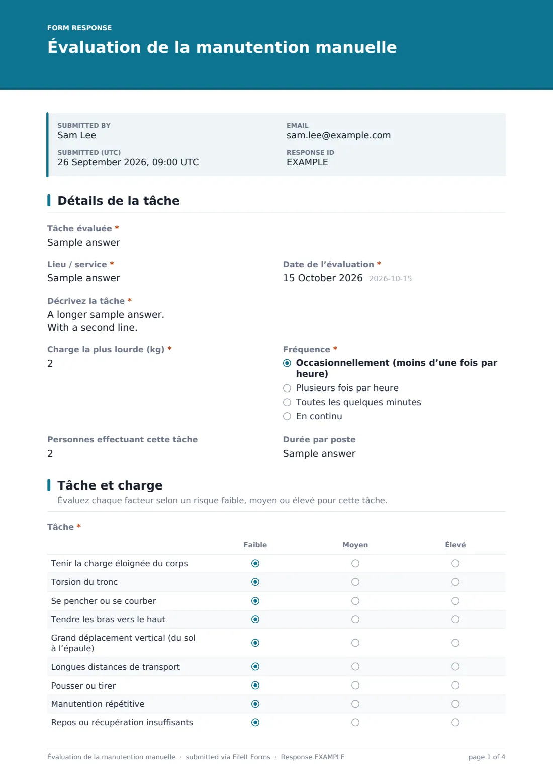 Évaluation de la manutention manuelle — exemple de réponse au format PDF, page 1 sur 4