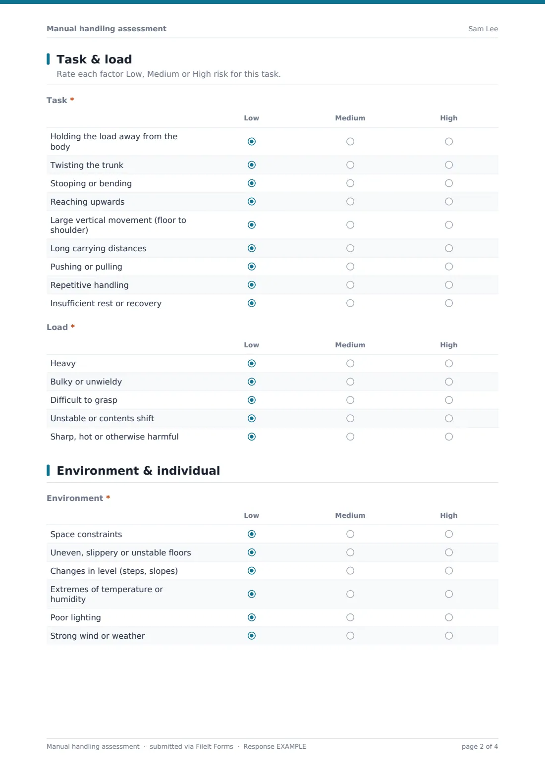 Manual handling assessment — example response PDF, page 2 of 4