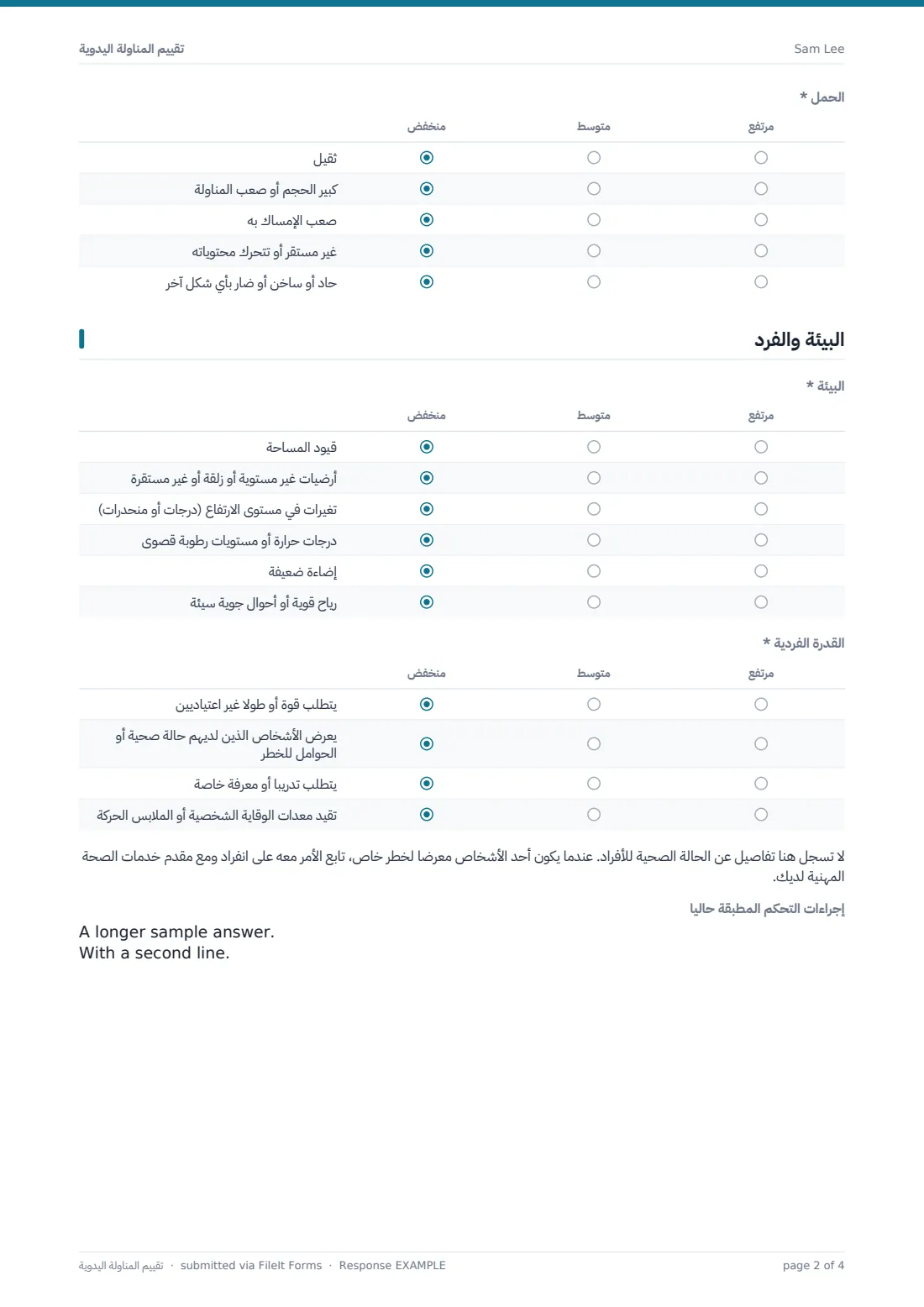 تقييم المناولة اليدوية — ملف PDF لرد نموذجي، الصفحة 2 من 4