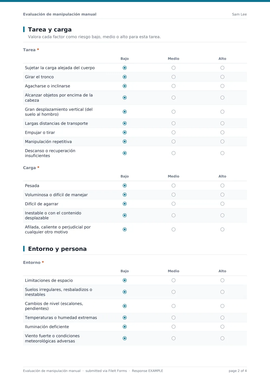 Evaluación de manipulación manual — PDF de respuesta de ejemplo, página 2 de 4