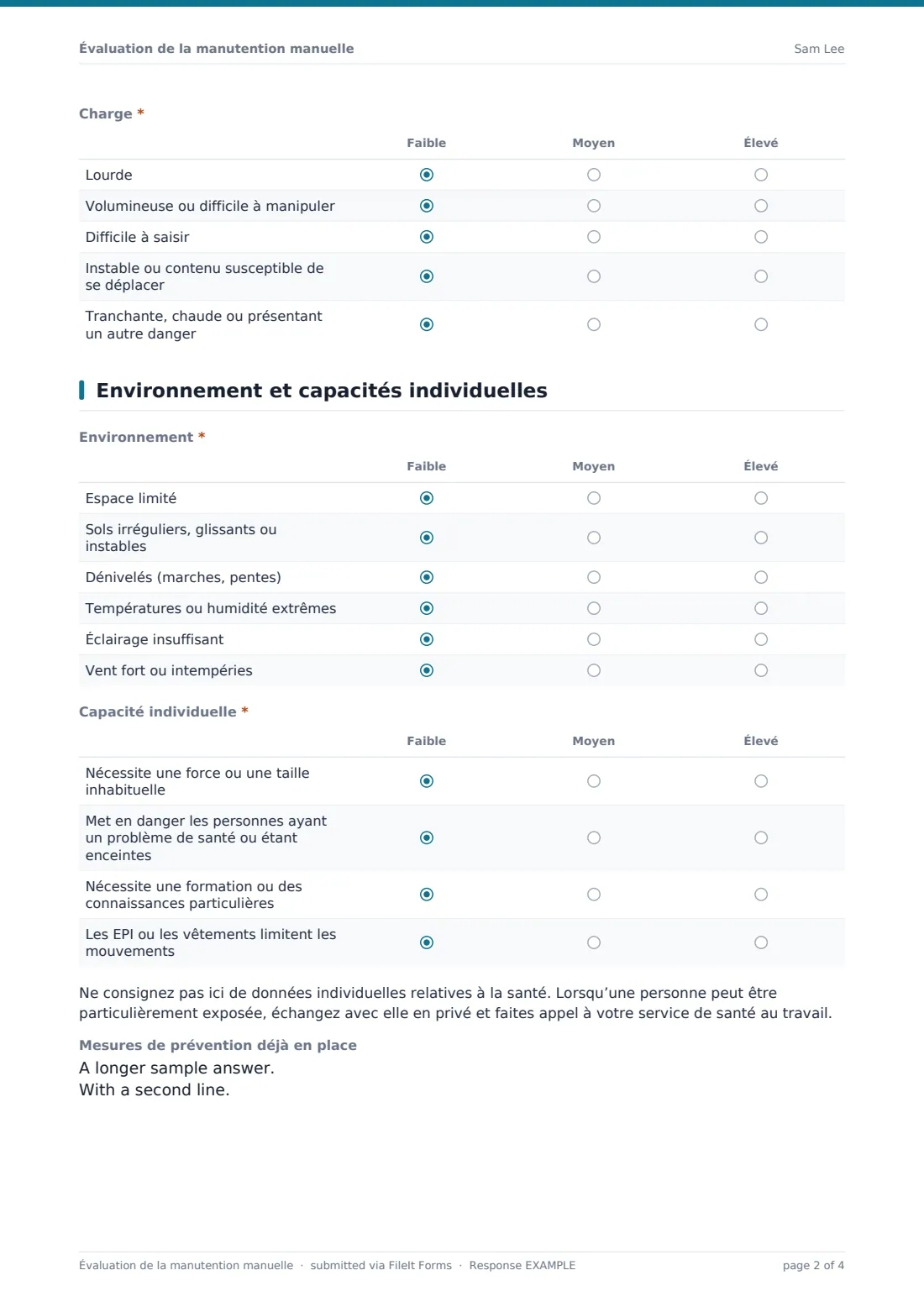 Évaluation de la manutention manuelle — exemple de réponse au format PDF, page 2 sur 4