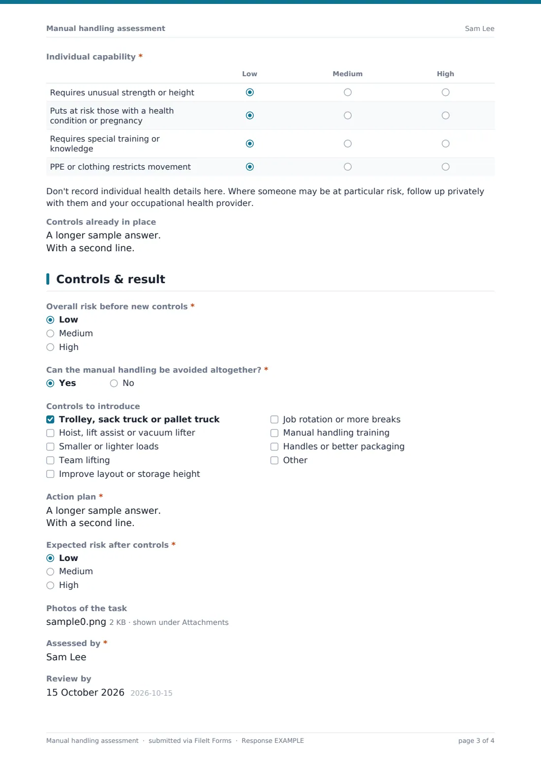 Manual handling assessment — example response PDF, page 3 of 4