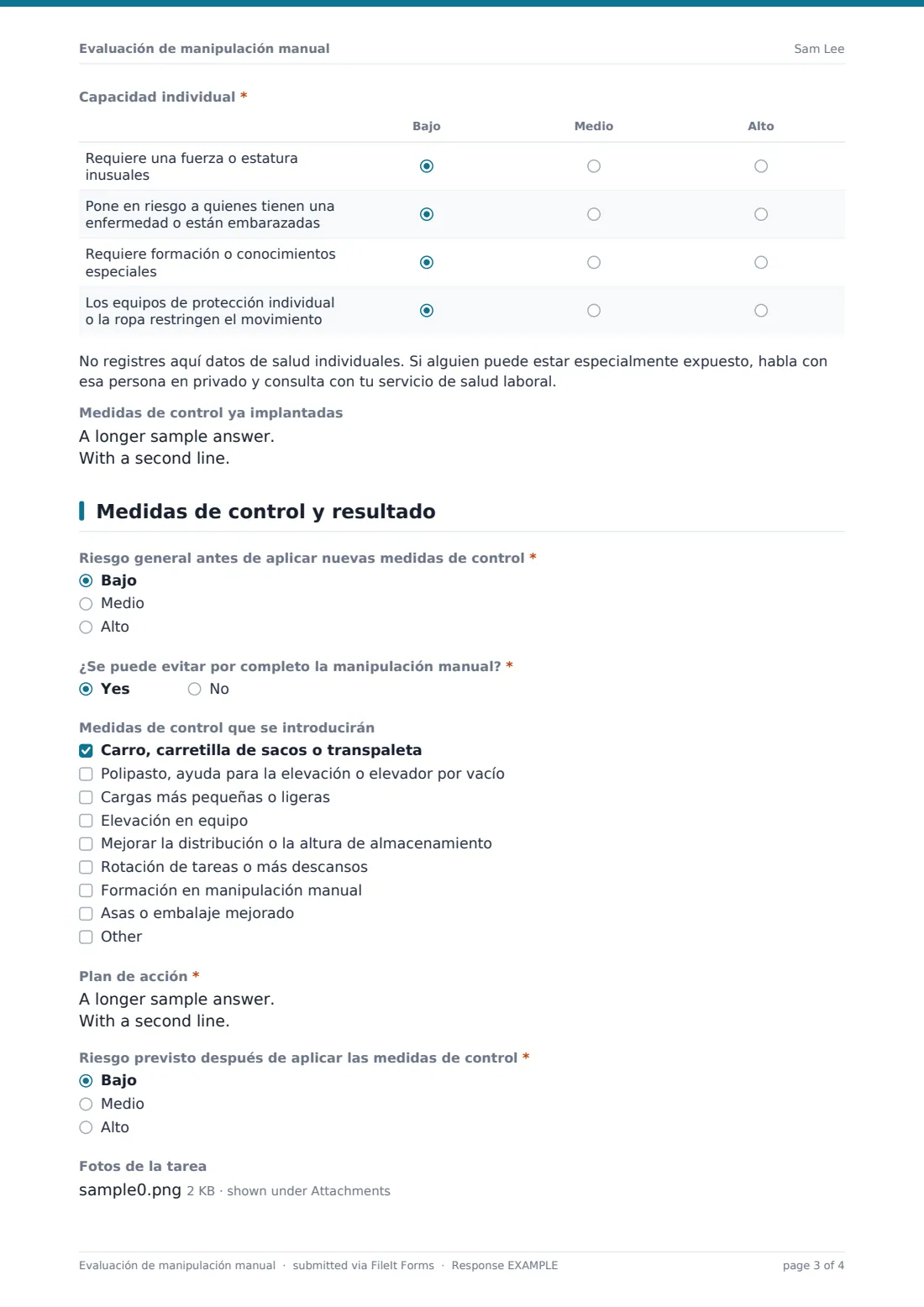 Evaluación de manipulación manual — PDF de respuesta de ejemplo, página 3 de 4