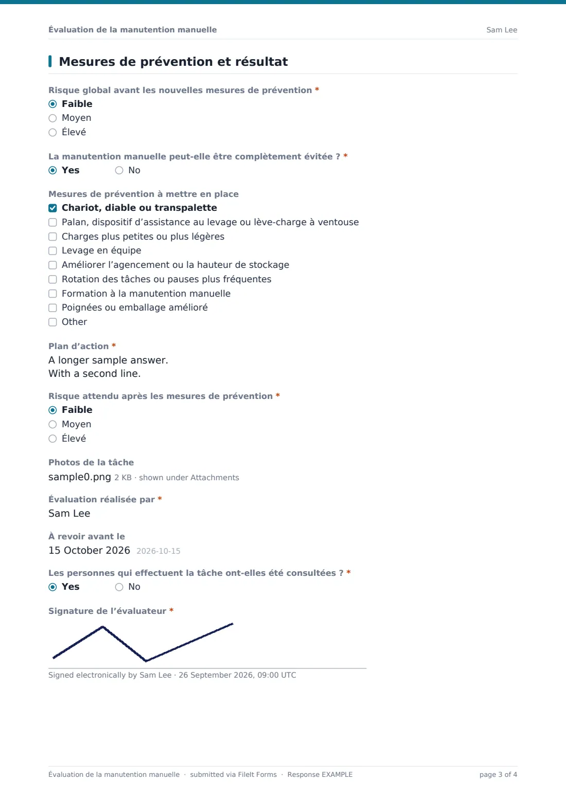 Évaluation de la manutention manuelle — exemple de réponse au format PDF, page 3 sur 4