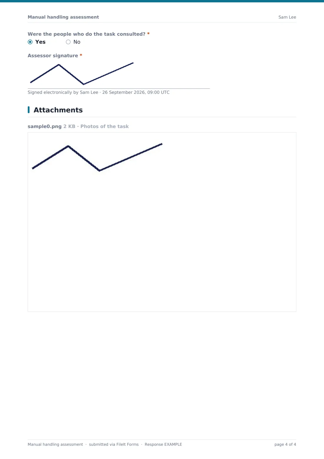 Manual handling assessment — example response PDF, page 4 of 4