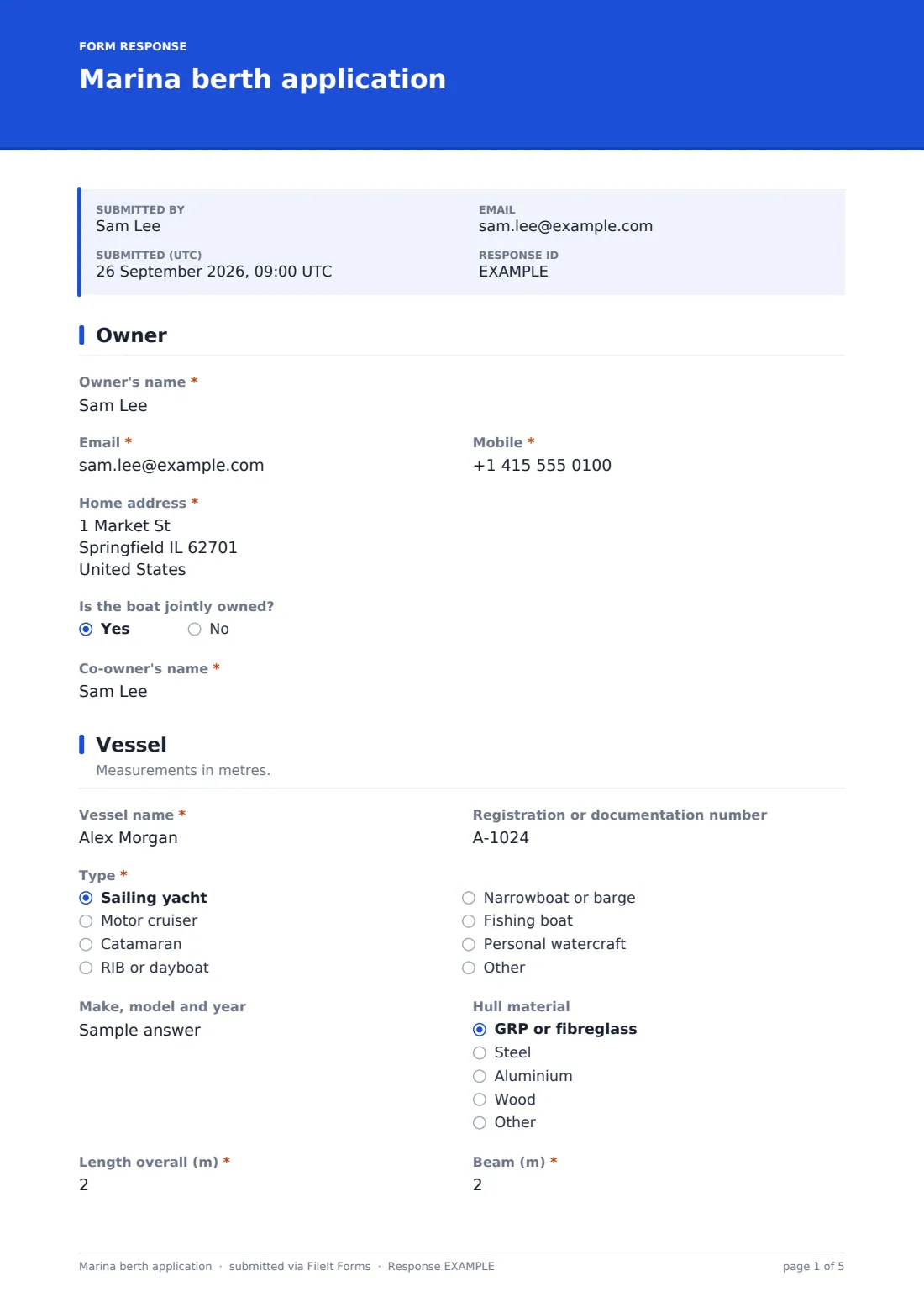 Marina berth application — example response PDF, page 1 of 5