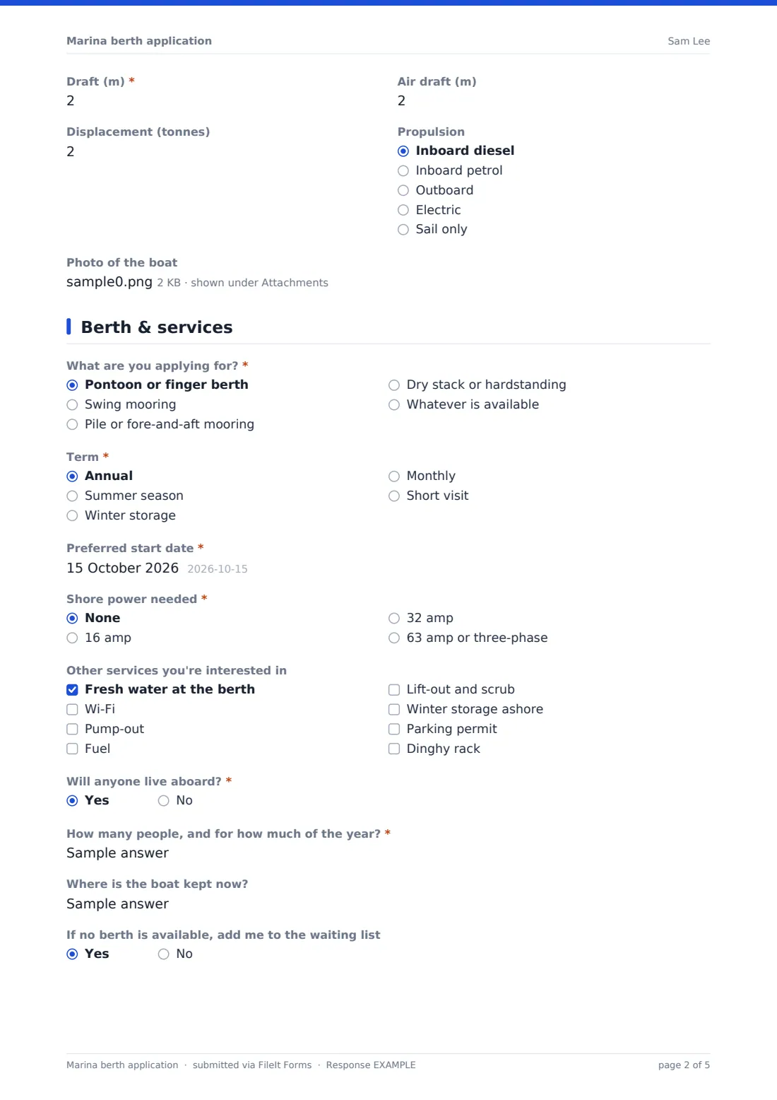 Marina berth application — example response PDF, page 2 of 5
