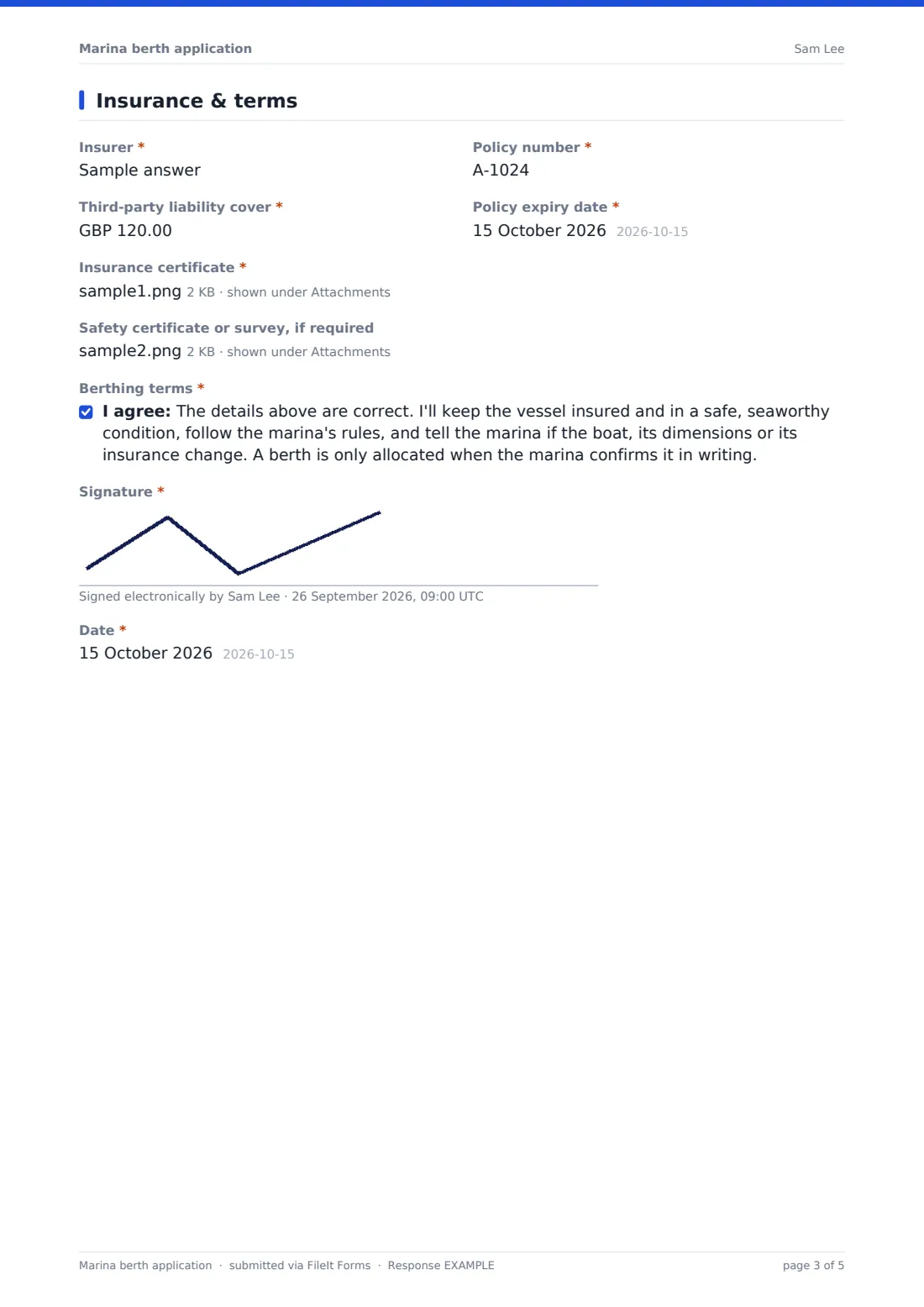 Marina berth application — example response PDF, page 3 of 5