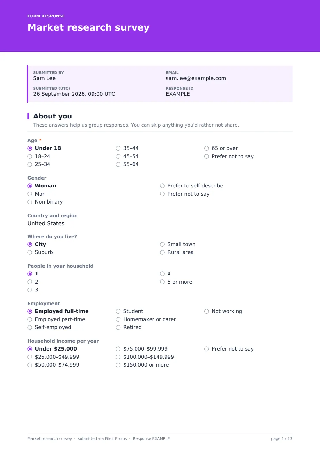 Market research survey — example response PDF, page 1 of 3