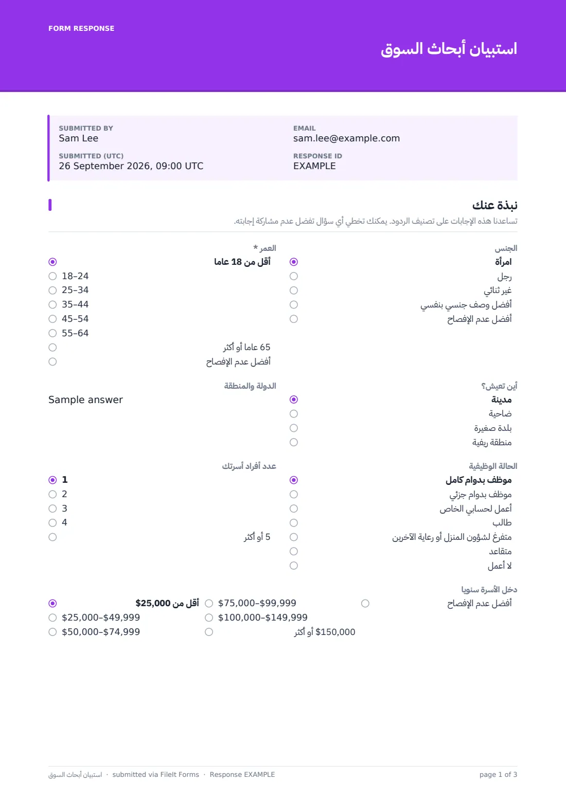 استبيان أبحاث السوق — ملف PDF لرد نموذجي، الصفحة 1 من 3