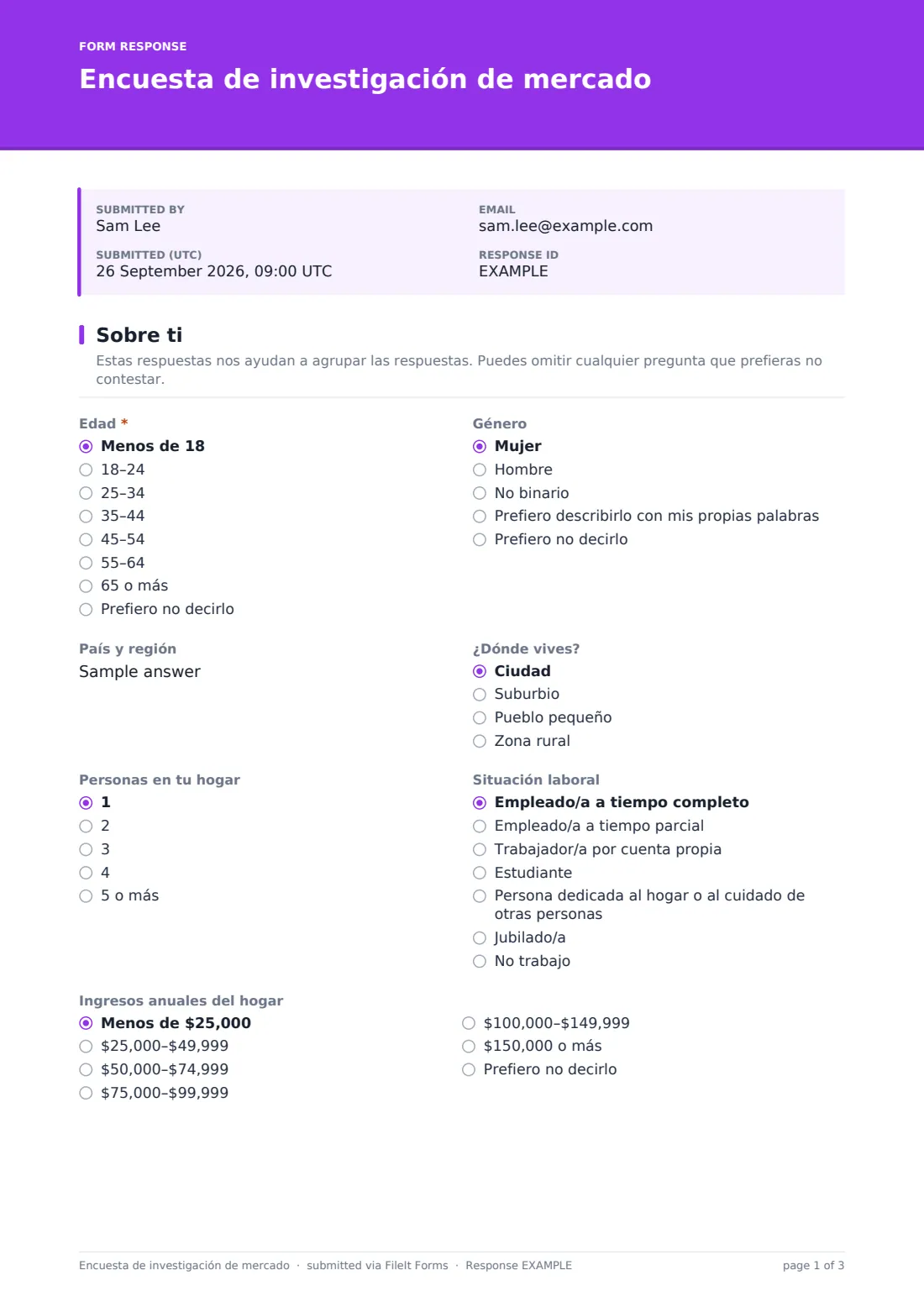 Encuesta de investigación de mercado — PDF de respuesta de ejemplo, página 1 de 3