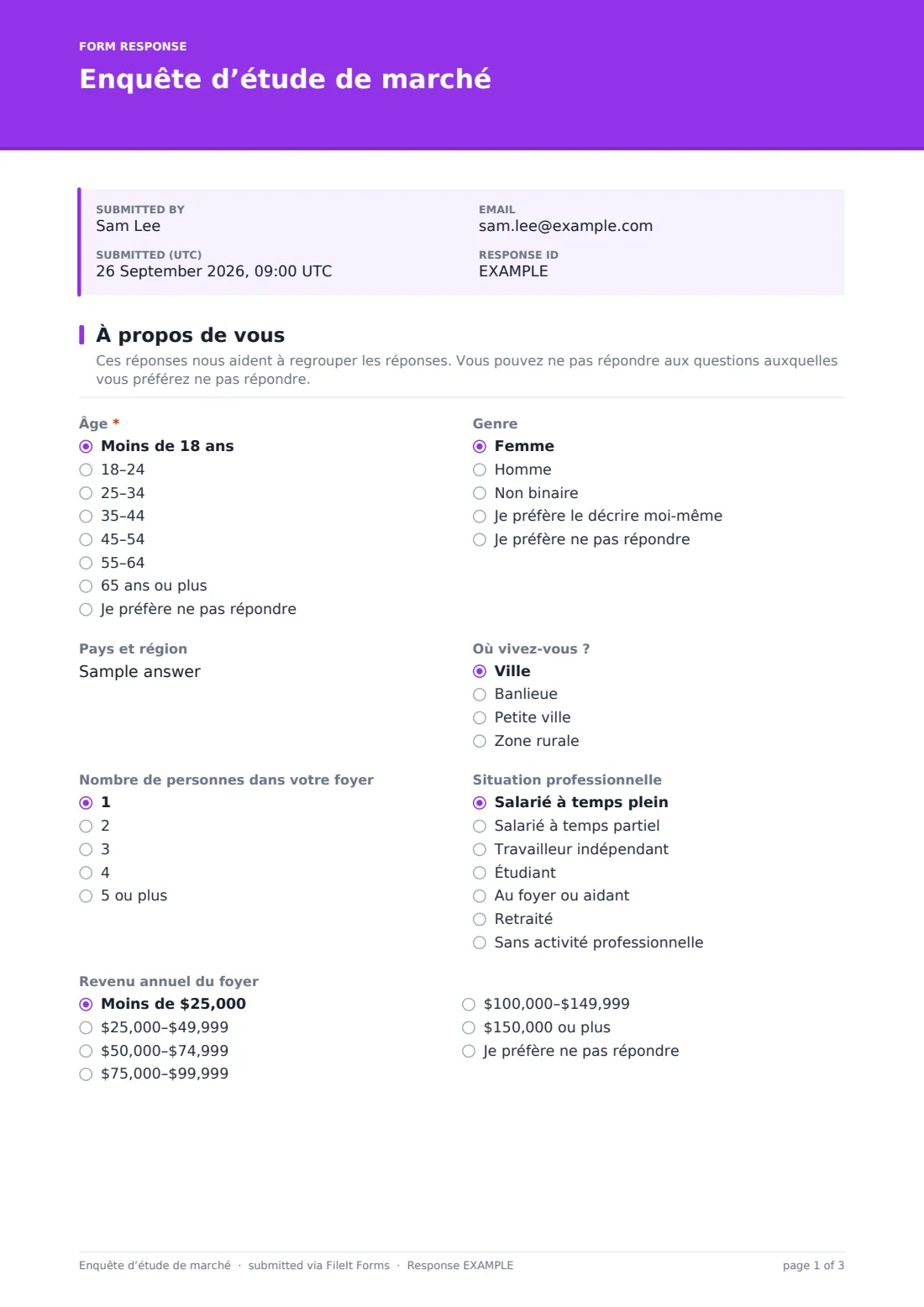 Enquête d’étude de marché — exemple de réponse au format PDF, page 1 sur 3