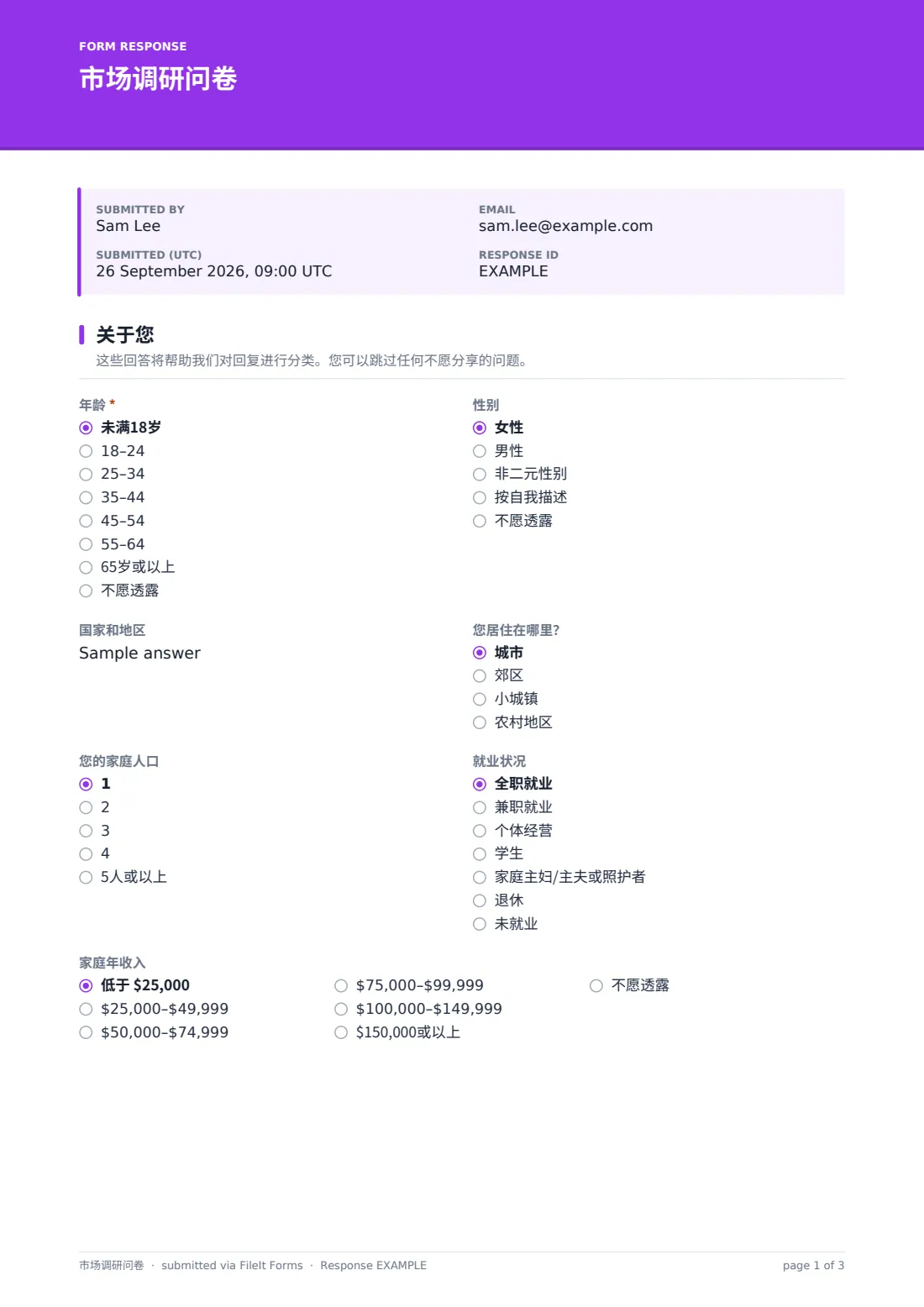 市场调研问卷 — 示例回复 PDF，第 1 页，共 3 页
