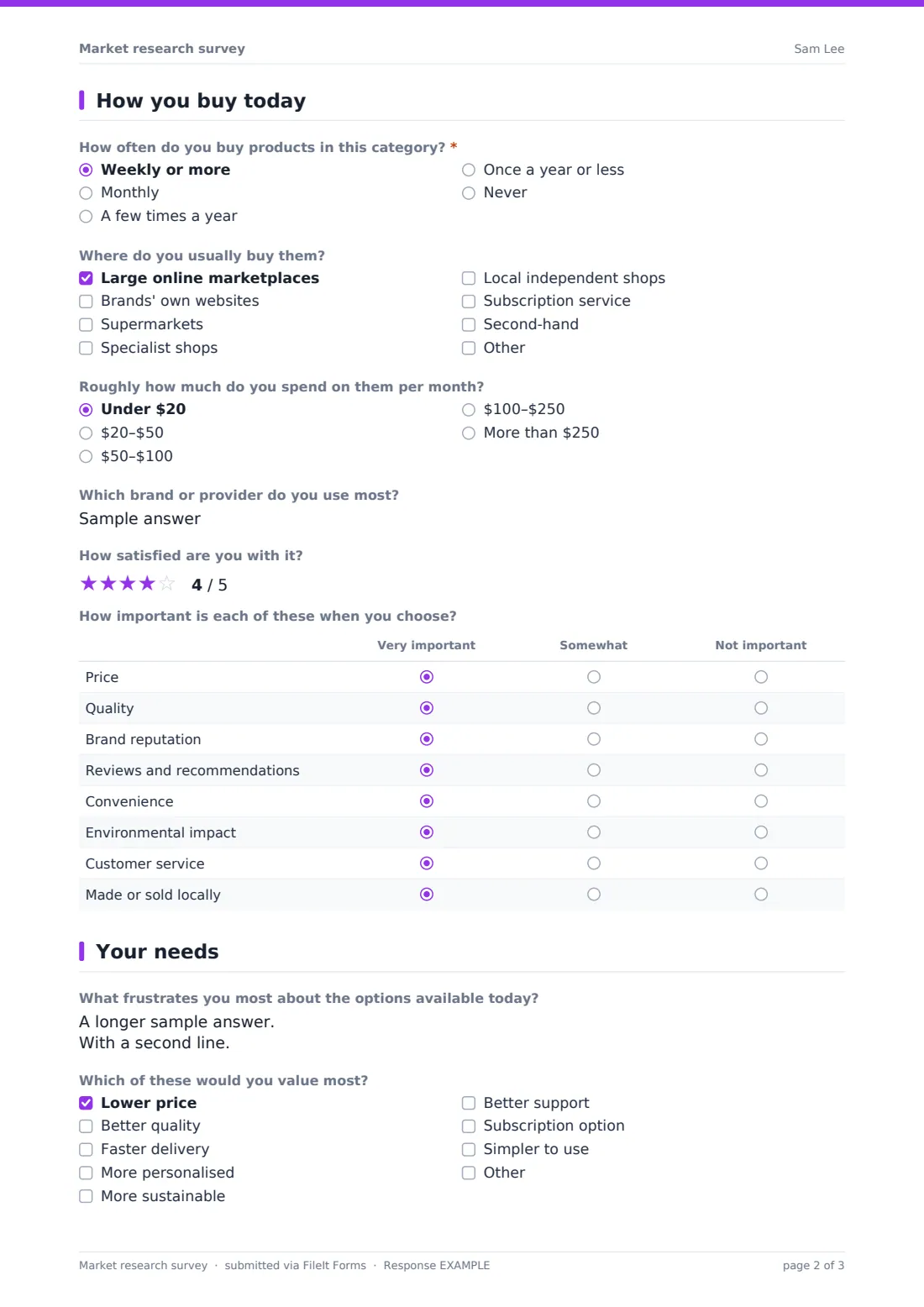 Market research survey — example response PDF, page 2 of 3