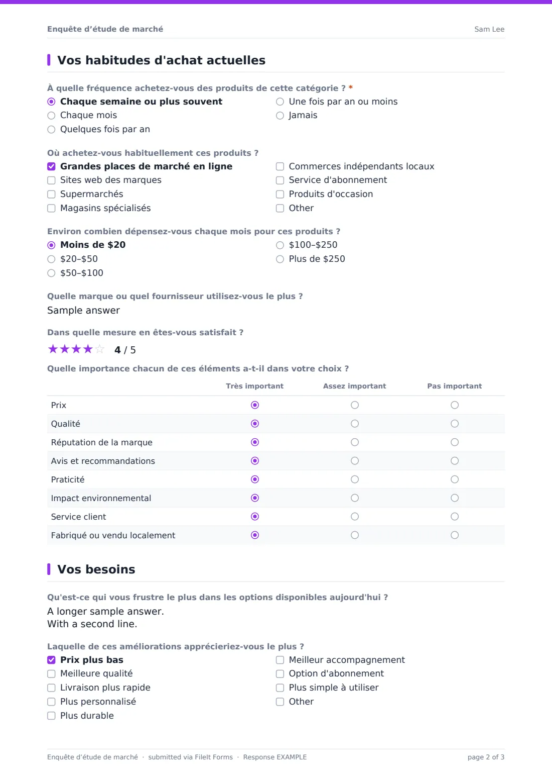 Enquête d’étude de marché — exemple de réponse au format PDF, page 2 sur 3