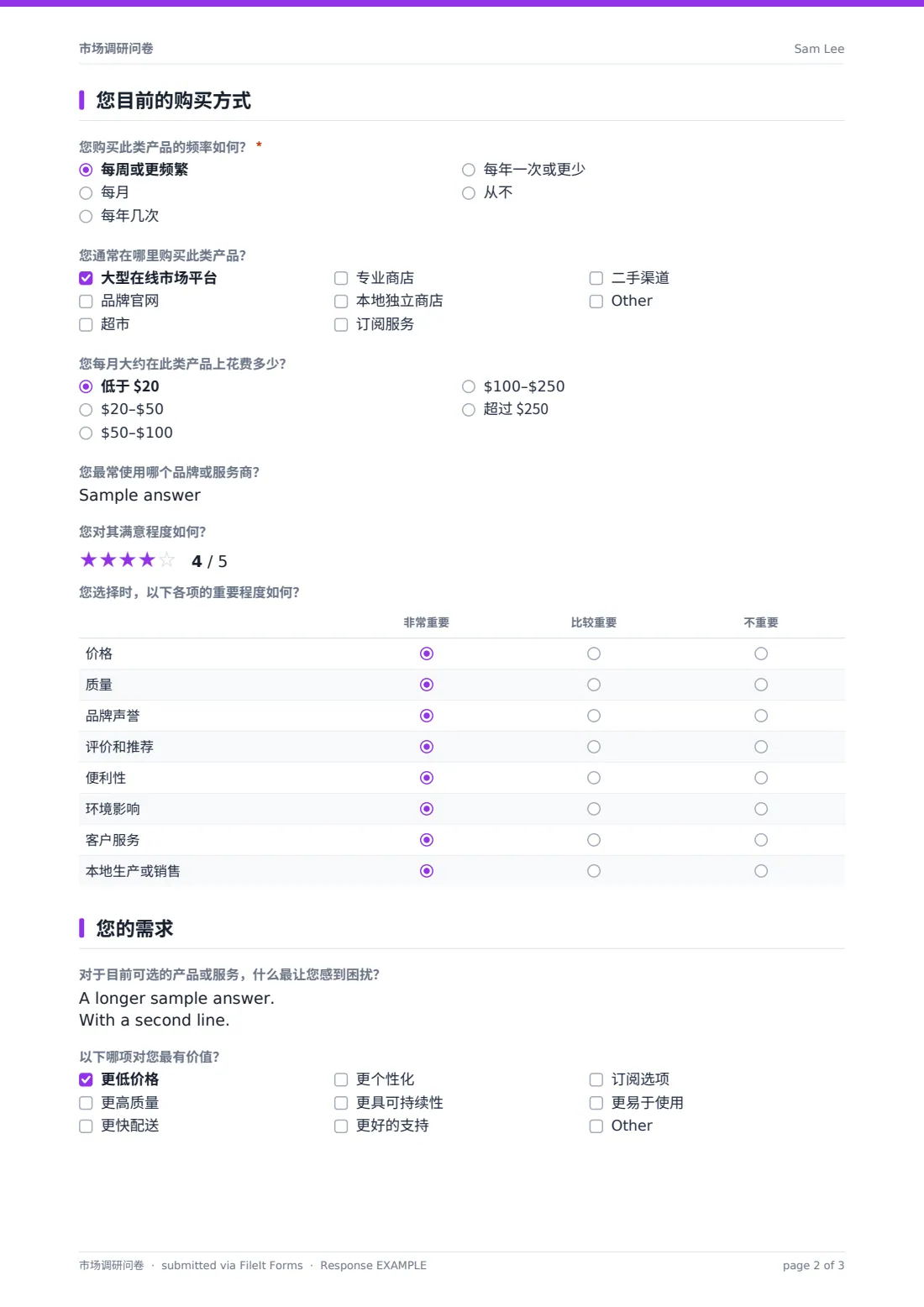 市场调研问卷 — 示例回复 PDF，第 2 页，共 3 页