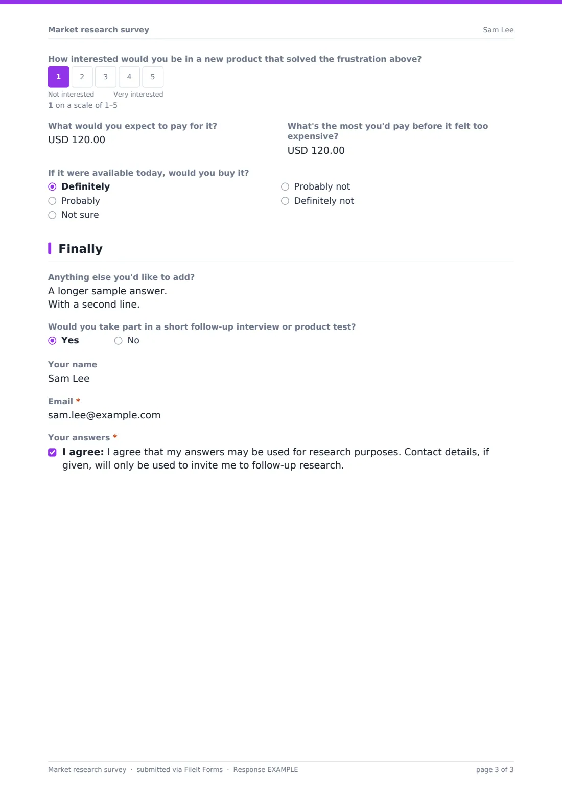 Market research survey — example response PDF, page 3 of 3