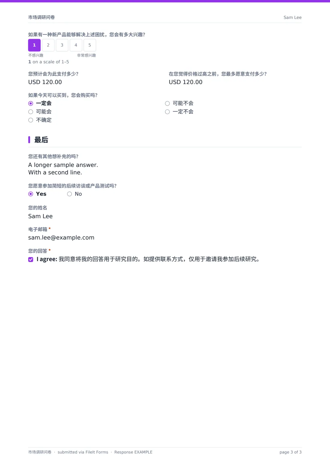 市场调研问卷 — 示例回复 PDF，第 3 页，共 3 页