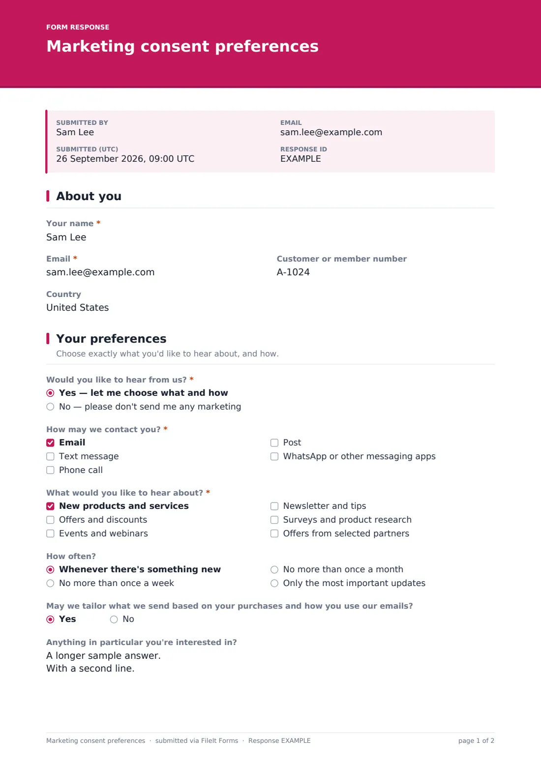 Marketing consent preferences — example response PDF, page 1 of 2