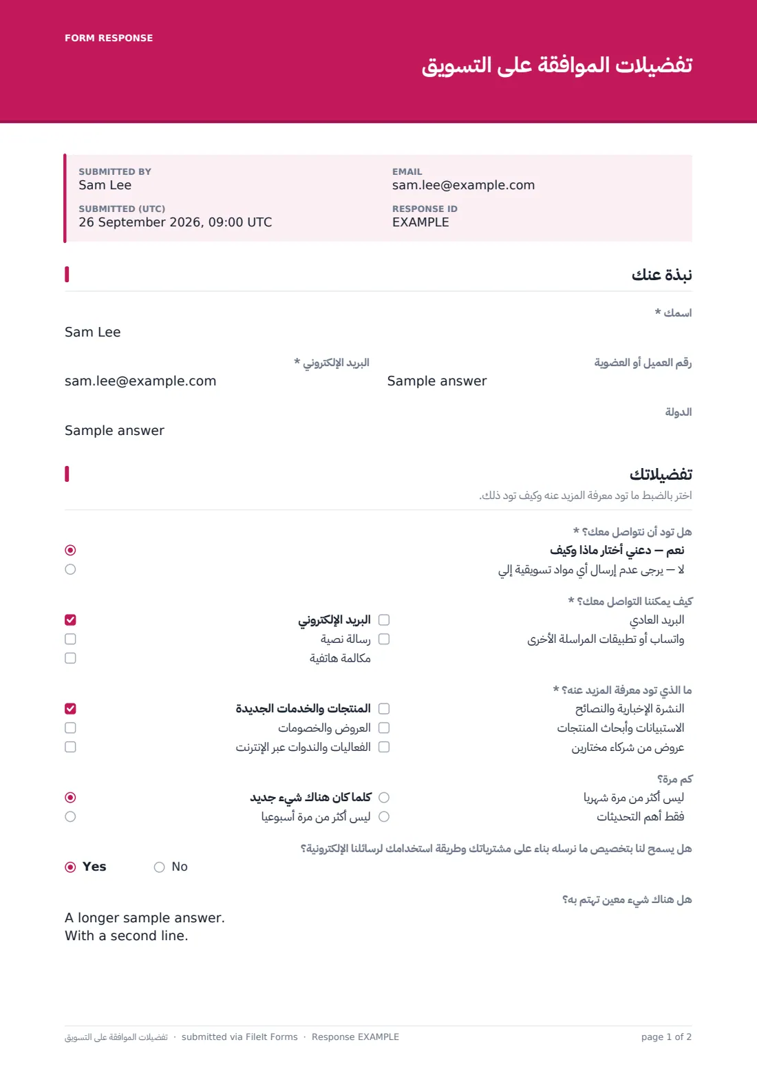 تفضيلات الموافقة على التسويق — ملف PDF لرد نموذجي، الصفحة 1 من 2