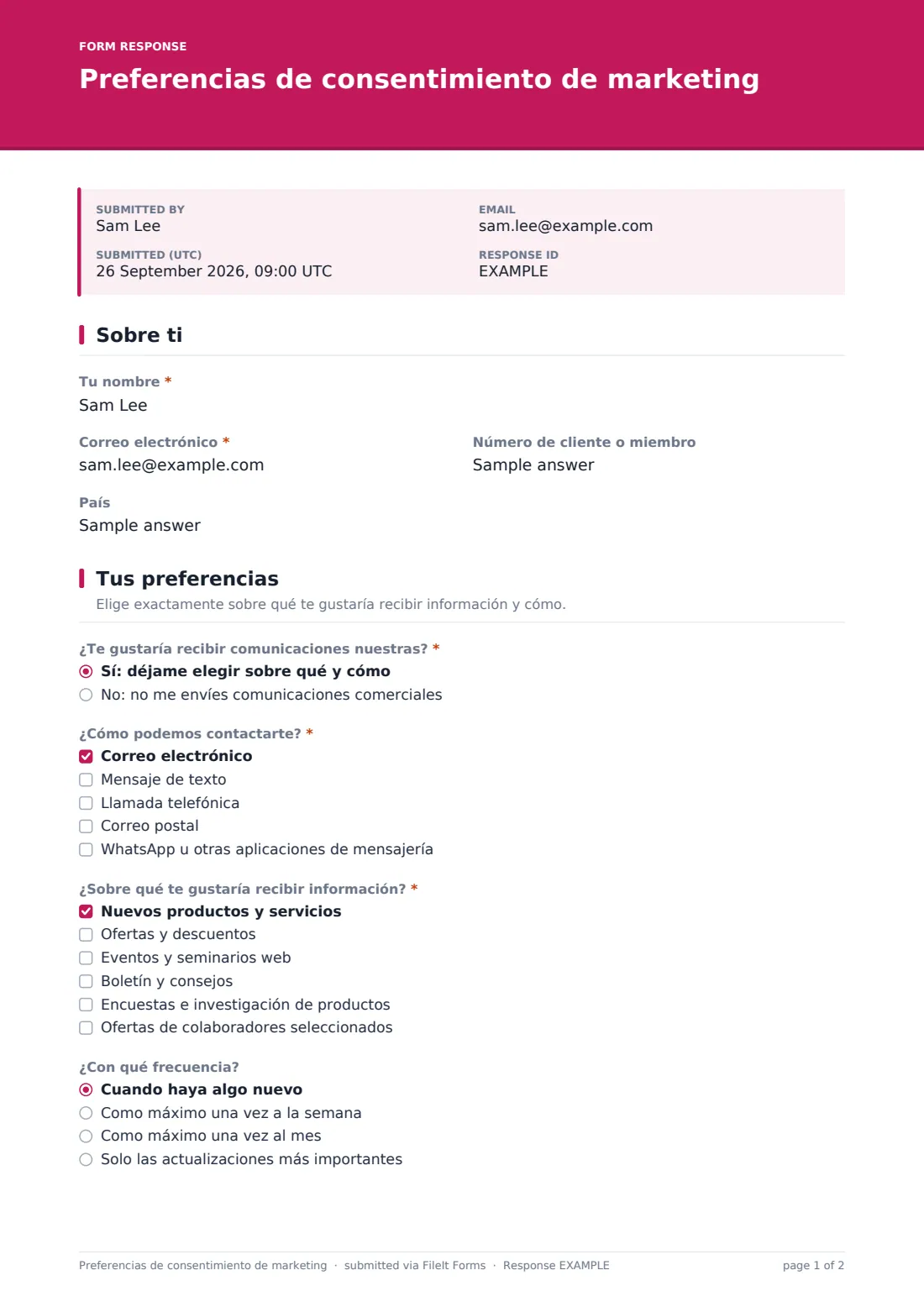 Preferencias de consentimiento de marketing — PDF de respuesta de ejemplo, página 1 de 2